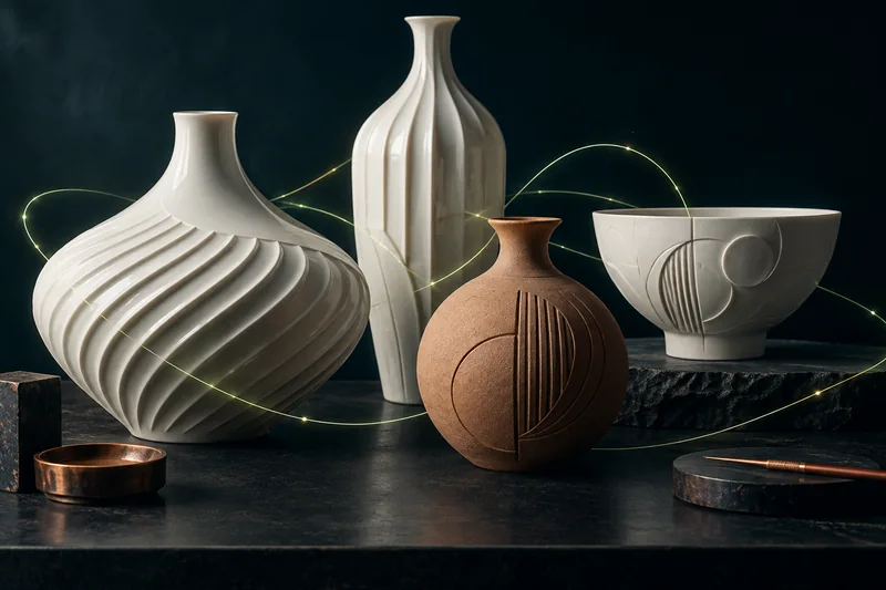 Illustration de pièces en porcelaine et de matières artisanales traversées de fils lumineux.